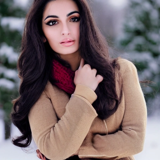 professional portrait photograph of a gorgeous persian girl with long wavy dark hair, sultry flirty look, (freckles), gorgeous symmetrical face, cute natural makeup, wearing elegant warm winter fashion clothing, ((standing outside at the countryside)), ultra realistic, concept art, elegant, highly detailed, intricate, sharp focus, depth of field, f/1.8, 85mm, medium shot, mid shot, (((professionally color graded))), bright soft diffused light, (volumetric fog), trending on instagram, hdr 4k, 8k