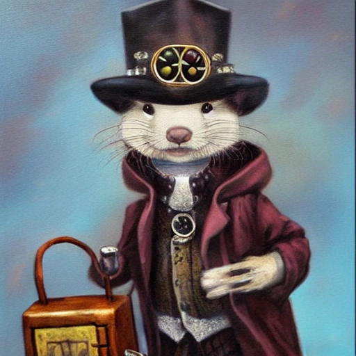 Cute and adorable ferret wizard, wearing coat and suit, steampunk, lantern, anthromorphic, Jean paptiste monge, oil painting