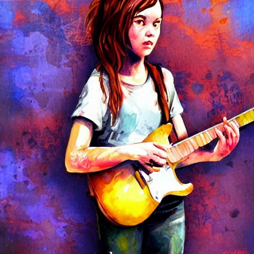 Last of us, girl with guitar, t-shirt, solid background color, Oil Painting, Water Color