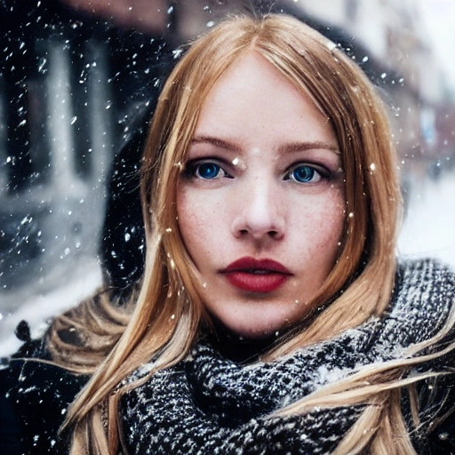 professional portrait photograph of a gorgeous Norwegian girl in winter clothing with long wavy blonde hair, sultry flirty look, (freckles), gorgeous symmetrical face, cute natural makeup, wearing elegant warm winter fashion clothing, ((standing outside in snowy city street)), stunning modern urban environment, ultra realistic, concept art, elegant, highly detailed, intricate, sharp focus, depth of field, f/1.8, 85mm, medium shot, mid shot, (((professionally color graded))), bright soft diffused light, (volumetric fog), trending on instagram, hdr 4k, 8k