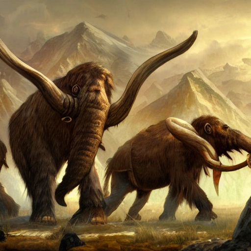 Digital illustration of mammoth hunters, masterpiece, extremely detailed, fantasy concept art, fantasy art, epic fantasy card game art, full art illustration, trending on Artstation, by Ralph Horsley.