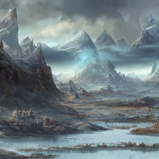 Matte painting of a windswept tundra with a village in the dista ...