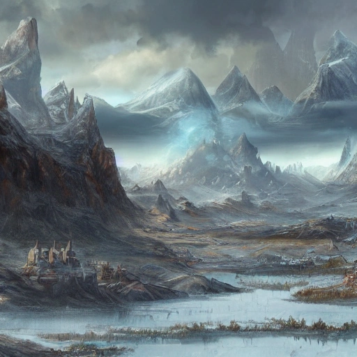 Matte painting of a windswept tundra with a village in the distance, masterpiece, extremely detailed, fantasy concept art, fantasy art, epic fantasy card game art, full art illustration, trending on Artstation, by Jeff Easely.