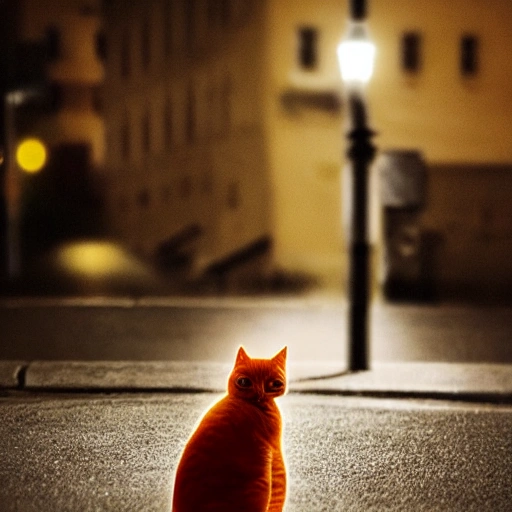 far long shot, small sad orange cat in a big loud city at night, realistic photo, ultra detailed, lonely, cinematic  