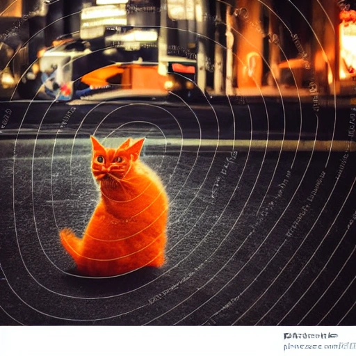 far long shot, small sad orange cat in a big busy street in city made of the test 'too loud' at night, realistic photo, ultra detailed, lonely, cinematic  
