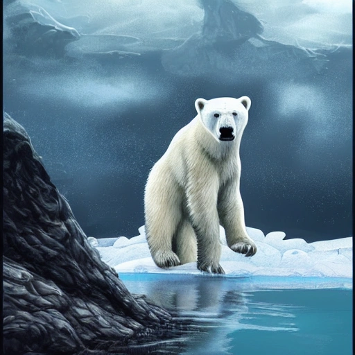 Digital illustration of a polar bear on an ice floe, masterpiece, extremely detailed, fantasy concept art, fantasy art, epic fantasy card game art, full art illustration, trending on Artstation, by Clyde Caldwell.