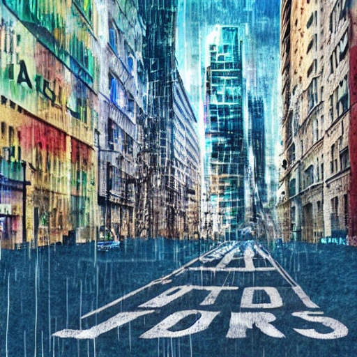 street view, city made of text 'too loud', cinematic, Water Color
