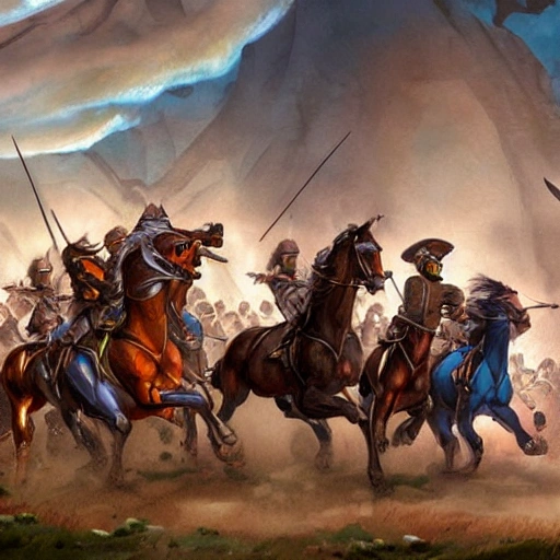 Digital illustration of a cavalry charge, masterpiece, extremely detailed, fantasy concept art, fantasy art, epic fantasy card game art, full art illustration, trending on Artstation, by Larry Elmore.