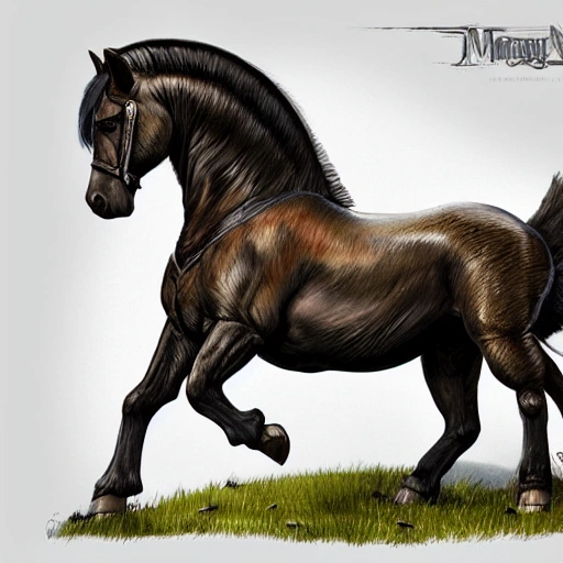 Digital illustration of a Morgan stallion, masterpiece, extremely detailed, fantasy concept art, fantasy art, epic fantasy card game art, full art illustration, trending on Artstation, by Tony DiTerlizzi.