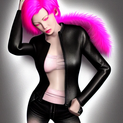 Pink haired woman, detailed drawing, fur covering her chest, 3d rendering, wearing flight jacket, female full body skin, sexy: 8, tight black leather jacket