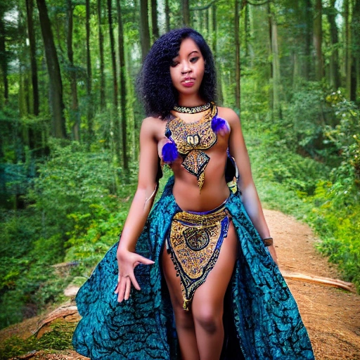 beautiful stunning young woman, hands behind back, perfect face, gorgeous, flowing ornate oriental african dress, mixed race, asian african latina, full body, goddess, sensual pose, legs, detailed face, focus on eyes, perfect figure, 8k, hdr, forest