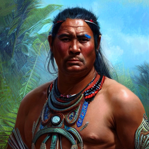 Digital illustration of a Maori Tribesman, masterpiece, extremely detailed, full art illustration, trending on Artstation, by James Ryman.