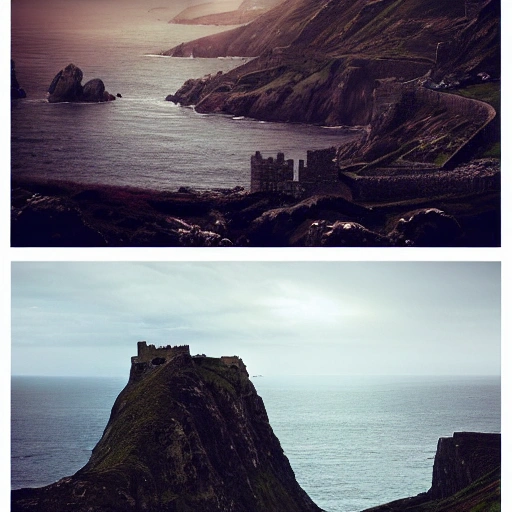 2 medieval warriors ::0.4 travelling on a cliff to a background castle , view of a coast line landscape , English coastline, Irish coastline, scottish coastline, perspective, folklore, King Arthur, Lord of the Rings, Game of Thrones. Photographic, Photography, photorealistic, concept art, Artstation trending , cinematic lighting, cinematic composition, rule of thirds , ultra-detailed, dusk sky , low contrast, natural lighting, fog, realistic, light fogged, detailed, atmosphere hyperrealistic , volumetric light, ultra photoreal, | 35mm| , Matte painting, movie concept art, hyper-detailed, insanely detailed, corona render, octane render, 8k, --ar 3:1 --no blur