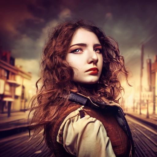 detailed, close up portrait of girl standing in a steampunk city with the wind blowing in her hair, cinematic warm color palette, spotlight, perfect symmetrical face