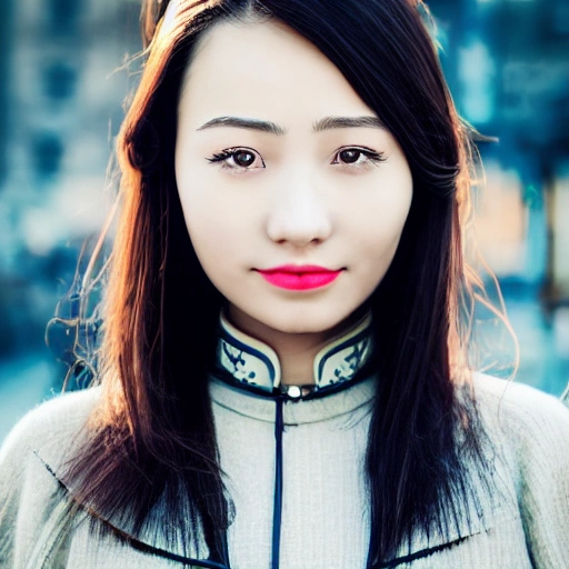 Detailed close-up portrait of a Chinese girl standing in a steampunk city, wind in her hair, cinematic warm tones, spotlights, perfectly symmetrical face.