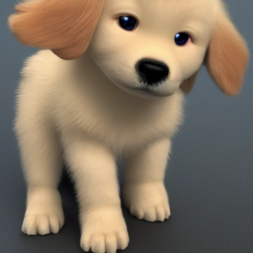 very cute baby golden retriever with large big eyes, high resolution, hyperrealistic, cinematic light, hd, 4k,  centred in the middle, highly detailed, smooth, sharp focus, trending on artstation, concept art, isometric, frendly, fluffy, dark colored  background, 3d render, smile