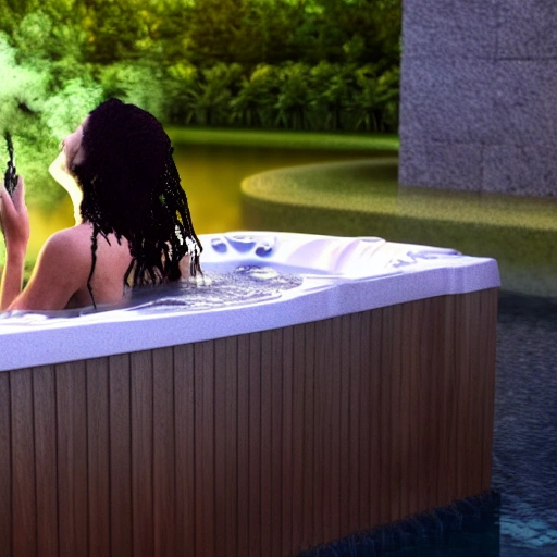 A 3D rendered image of a person enjoying cannabis in a hot tub, with bubbles and steam rising from the water, and a relaxed and peaceful expression on their face. Use a combination of 3D rendering and digital painting techniques to create a realistic, yet dreamy look.
, 3D