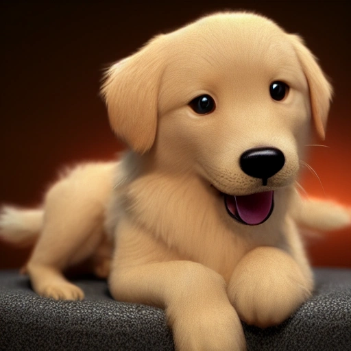 very cute baby golden retriever with large big eyes, high resolution, hyperrealistic, cinematic light, hd, 4k,  centred in the middle, highly detailed, smooth, sharp focus, trending on artstation, concept art, isometric, frendly, fluffy, dark colored  background, 3d render, smile, in style of pixar