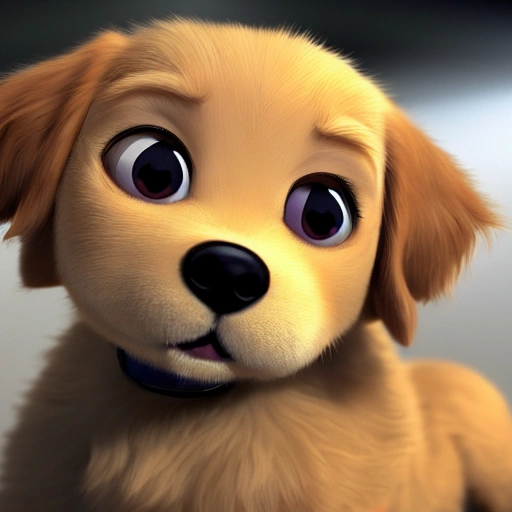 very cute baby golden retriever with large big eyes, high resolution, hyperrealistic, cinematic light, hd, 4k,  centred in the middle, highly detailed, smooth, sharp focus, trending on artstation, concept art, isometric, frendly, fluffy, dark colored  background, 3d render, smile, pixar