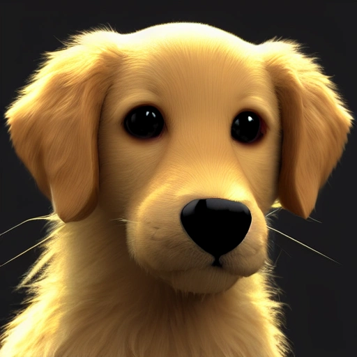 very cute puppy golden retriever with large big eyes, high resolution, hyperrealistic, cinematic light, hd, 4k,  centred in the middle, highly detailed, smooth, sharp focus, trending on artstation, concept art, isometric, frendly, fluffy, dark colored  background, 3d render, smile, 3D