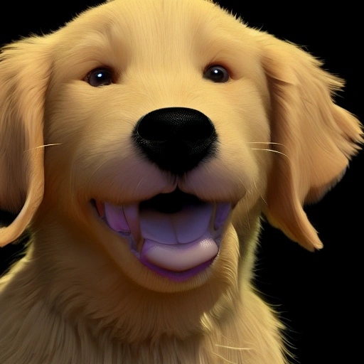 very cute puppy golden retriever with large big eyes, high resolution, hyperrealistic, cinematic light, hd, 4k,  centred in the middle, highly detailed, smooth, sharp focus, trending on artstation, concept art, isometric, frendly, fluffy, dark colored  background, 3d render, smile, 3D