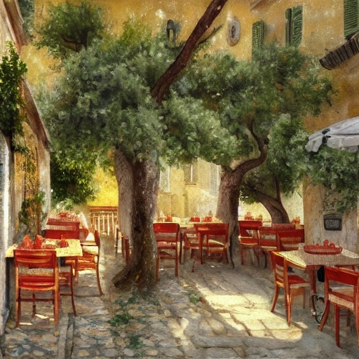 a traditional pizzeria in the street of a small village on the riviera. a terrace in the shade of a hundred - year - old olive tree, a friendly atmosphere around pizzas and rose wine. dolce vita. unreal engine rendering, hyper realist, ultra detailed, oil painting, warm colors, happy, impressionism, da vinci, , Water Color