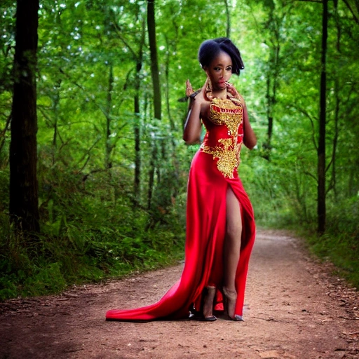 beautiful stunning young woman, hands behind back, perfect face, gorgeous, flowing ornate oriental african dress, mixed race, asian african latina, full body, goddess, sensual pose, legs, detailed face, focus on eyes, perfect figure, 8k, hdr, forest