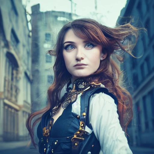 detailed, close up portrait of girl standing in a steampunk city with the wind blowing in her hair, cinematic warm color palette, spotlight, perfect symmetrical face