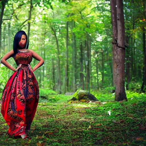 beautiful stunning young woman, hands behind back, perfect face, gorgeous, flowing ornate oriental african dress, mixed race, asian african latina, full body, goddess, sensual pose, legs, detailed face, focus on eyes, perfect figure, 8k, hdr, forest