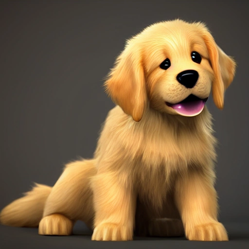 very cute puppy golden retriever with large big eyes, high resolution, hyperrealistic, cinematic light, hd, 4k,  centred in the middle, highly detailed, smooth, sharp focus, trending on artstation, concept art, isometric, frendly, fluffy, dark colored  background, 3d render, smile, 3D