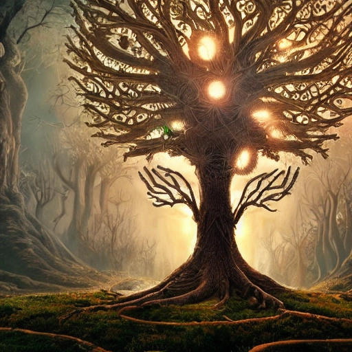 Illustration of a surreal, otherworldly scene featuring a giant, detailed and intricate tree of life with beautiful lighting and realistic proportions, as if it were a cinematic background,  4k, clean, realistic face, realistic eyes, highest quality, realistic hands, trending on artstation, masterpiece