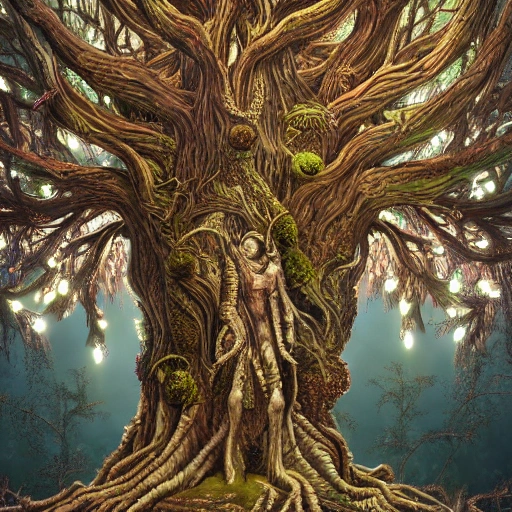 Illustration of a surreal, otherworldly scene featuring a giant, detailed and intricate tree beatifull with beautiful lighting and realistic proportions, as if it were a cinematic background,  4k, clean, realistic face, realistic eyes, highest quality, realistic hands, trending on artstation, masterpiece