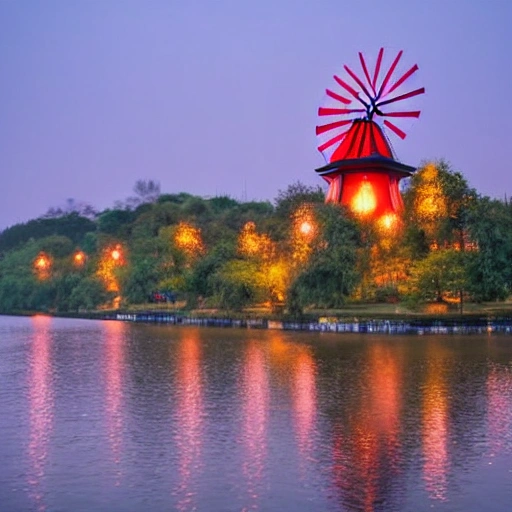 The embankment runs through the center of the lake, there is a windmill on the embankment, Kongming lanterns are flying in the air, blue tone, evening sunset