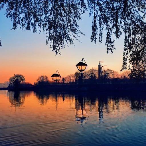 The embankment runs through the center of the lake, there is a windmill on the embankment, Kongming lanterns are flying in the air, blue tone, evening sunset