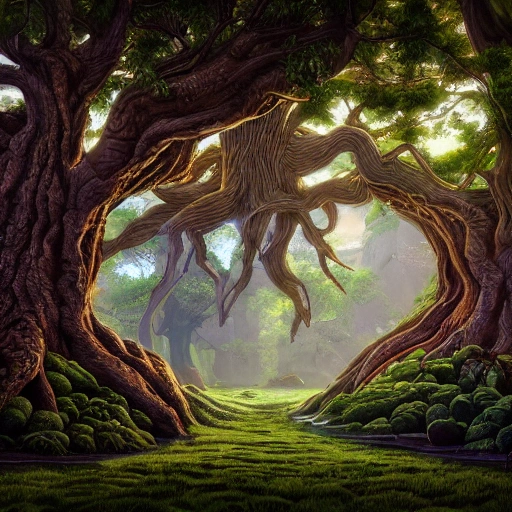 Illustration of a surreal, otherworldly scene featuring a giant, detailed and intricate tree beatifull leafy with beautiful lighting and realistic proportions, as if it were a cinematic background,  4k, clean, realistic face, realistic eyes, highest quality, realistic hands, trending on artstation, masterpiece