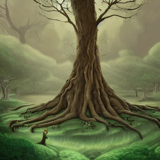 Illustration of a surreal, otherworldly scene featuring a giant tree, detailed and intricate tree beatifull leafy with beautiful lighting and realistic proportions, as if it were a cinematic background,  4k, clean, realistic face, realistic eyes, highest quality, realistic hands, trending on artstation, masterpiece