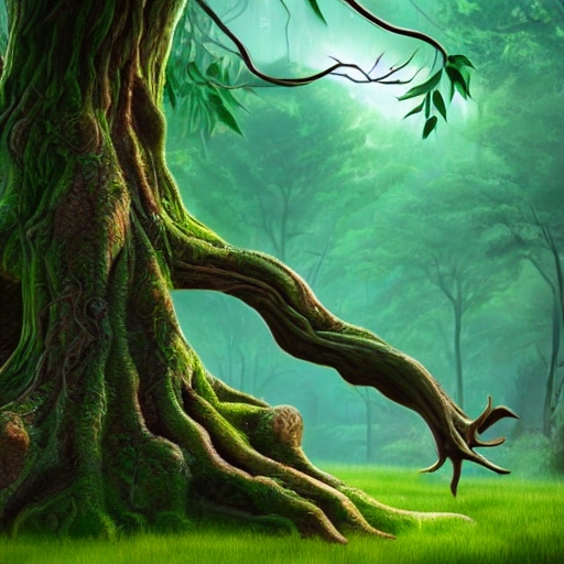 Illustration of a surreal, otherworldly scene featuring a giant tree, detailed and intricate forest tree beatifull leafy with beautiful lighting and realistic proportions, as if it were a cinematic background,  4k, clean, realistic face, realistic eyes, highest quality, realistic hands, trending on artstation, masterpiece