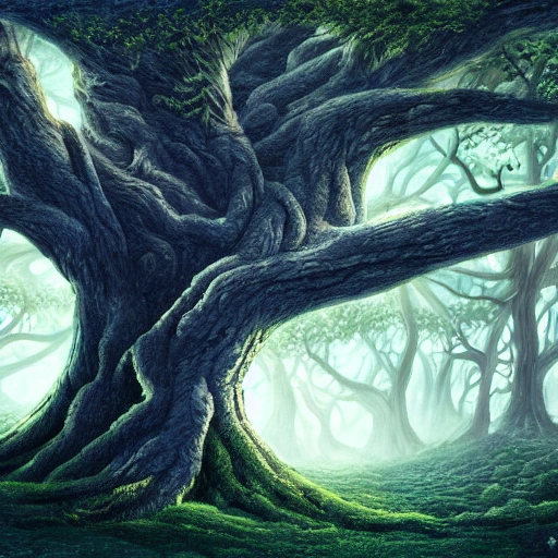 Illustration of a surreal, otherworldly, ultrasky scene featuring a giant tree, detailed and intricate forest tree beatifull leafy with beautiful lighting and realistic proportions, as if it were a cinematic background,  4k, clean, realistic face, realistic eyes, highest quality, realistic hands, trending on artstation, masterpiece