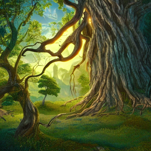 Illustration of a surreal, otherworldly, ultrasky scene featuring a giant tree,very detailed and intricate forest tree beatifull leafy with beautiful lighting and realistic proportions, as if it were a cinematic background,  8k, clean, realistic face, realistic eyes, highest quality, trending on artstation, masterpiece.