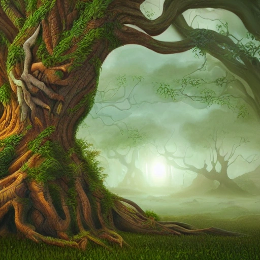 Illustration of a surreal, otherworldly, ultrasky scene featuring a giant tree,very detailed and intricate forest giant tree beatifull leafy with beautiful lighting and realistic proportions, as if it were a cinematic background,  8k, clean, realistic face, realistic eyes, highest quality, trending on artstation, masterpiece.