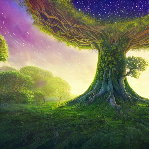 Illustration of a surreal, otherworldly, ultrasky scene featuring a giant tree,very detailed and intricate forest solarpunk landscape full body giant tree beatifull leafy with beautiful lighting and realistic proportions, as if it were a cinematic background,  8k, clean, realistic face, realistic eyes, highest quality, trending on artstation, masterpiece.