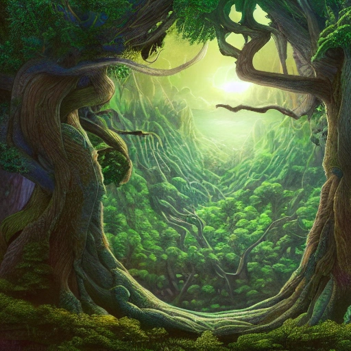 Illustration of a surreal, otherworldly, ultrasky scene featuring a giant tree,very detailed and intricate forest river solarpunk landscape full body giant tree beatifull leafy with beautiful lighting and realistic proportions, as if it were a cinematic background,  8k, clean, realistic face, realistic eyes, highest quality, trending on artstation, masterpiece.