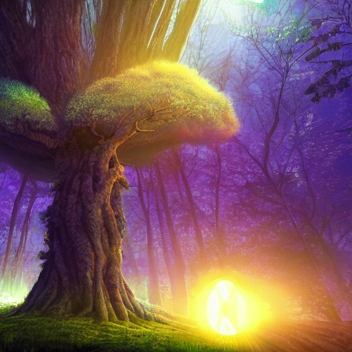 Illustration of a surreal, otherworldly, ultrasky scene featuring a giant tree,very detailed and magical lighting intricate forest vegetation river solarpunk landscape full body giant tree beatifull leafy with beautiful lighting and realistic proportions, as if it were a cinematic background, 8k,  highest quality, trending on artstation, masterpiece.