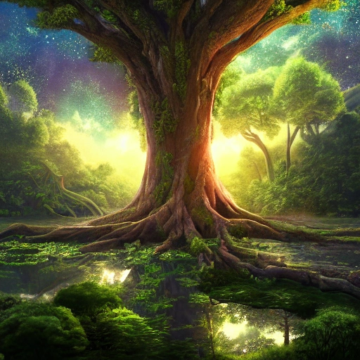 Illustration of a hyperrealistic , otherworldly, ultrasky scene featuring a giant tree,very detailed and magical lighting intricate forest vegetation river solarpunk landscape full body giant tree beatifull leafy with beautiful lighting and realistic proportions, as if it were a cinematic background, 8k,  highest quality, trending on artstation, masterpiece.