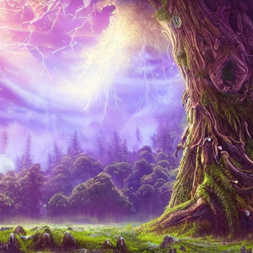 Illustration of a hyperrealistic , otherworldly, ultrasky scene featuring a giant tree full body,very detailed and magical lighting, intricate forest details, vegetation, river, solarpunk ,landscape,  giant tree, beatifull leafy with beautiful lighting and realistic proportions, as if it were a cinematic background, 8k,  highest quality, masterpiece.