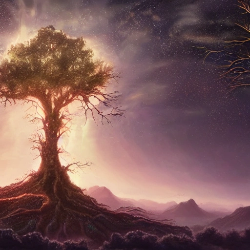 Illustration of a hyperrealistic , otherworldly, ultrasky scene featuring a giant tree full body,very detailed and magical lighting, intricate forest details, vegetation, river, solarpunk ,landscape,  giant tree, beatifull leafy with beautiful lighting and realistic proportions, as if it were a cinematic background, 8k,  highest quality, masterpiece,  clouds and stars in the sky.