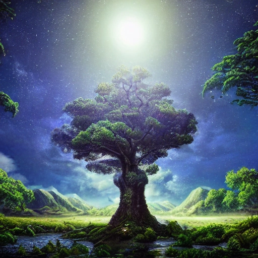 Illustration of a hyperrealistic , otherworldly, ultrasky scene featuring a giant tree full body,very detailed and magical lighting, intricate forest details, vegetation and river around, solarpunk ,landscape,  giant tree, beatifull leafy with beautiful lighting and realistic proportions, as if it were a cinematic background, 8k,  highest quality, masterpiece,  clouds and stars in the sky.