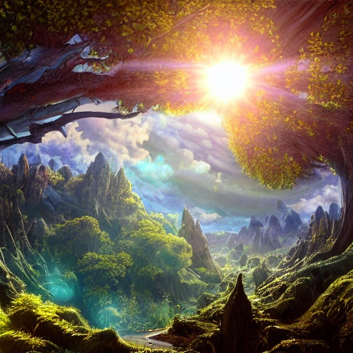 Illustration of a hyperrealistic , otherworldly, ultrasky scene featuring a giant crystal tree full body,very detailed and magical lighting, intricate forest details, vegetation and river around, solarpunk ,landscape, giant tree, beatifull leafy with beautiful lighting and realistic proportions, as if it were a cinematic background, 8k, highest quality, masterpiece, clouds and stars in the sky.

