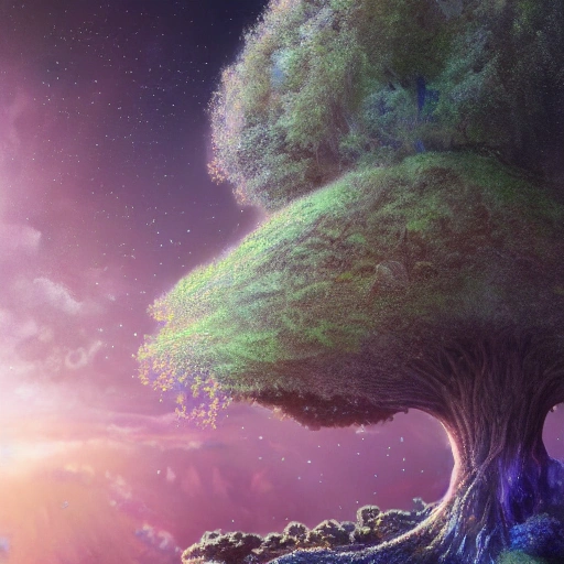 Illustration of a hyperrealistic , otherworldly, ultrasky scene featuring a giant crystal tree full body, very detailed and magical lighting, intricate forest details, vegetation and river around, solarpunk ,landscape, giant tree, beatifull leafy with beautiful lighting and realistic proportions, as if it were a cinematic background, 8k, highest quality, masterpiece, clouds and stars in the night sky.
