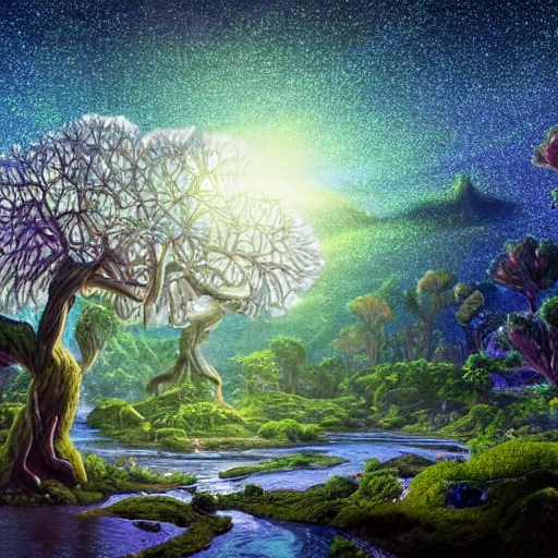 Illustration of a hyperrealistic , otherworldly, ultrasky scene featuring a giant crystal tree full body, very detailed and magical lighting, intricate forest details, vegetation and river around the tree, solarpunk ,landscape, giant tree, beatifull leafy with beautiful lighting and realistic proportions, as if it were a cinematic background, 8k, highest quality, masterpiece, clouds and stars in the night sky.
